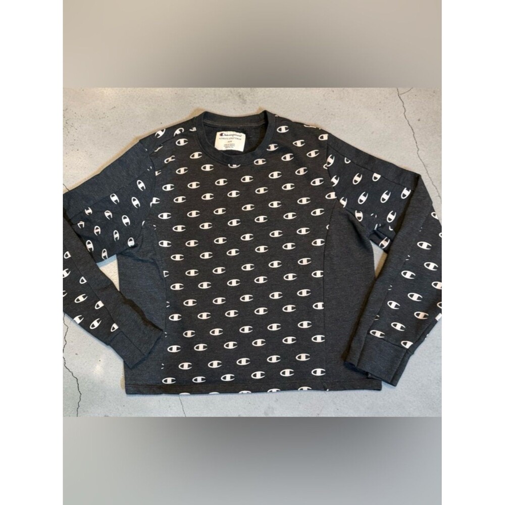 Champion Reverse Weave All-Over Logo Crewneck Sweatshirt Black/Gray Size Medium